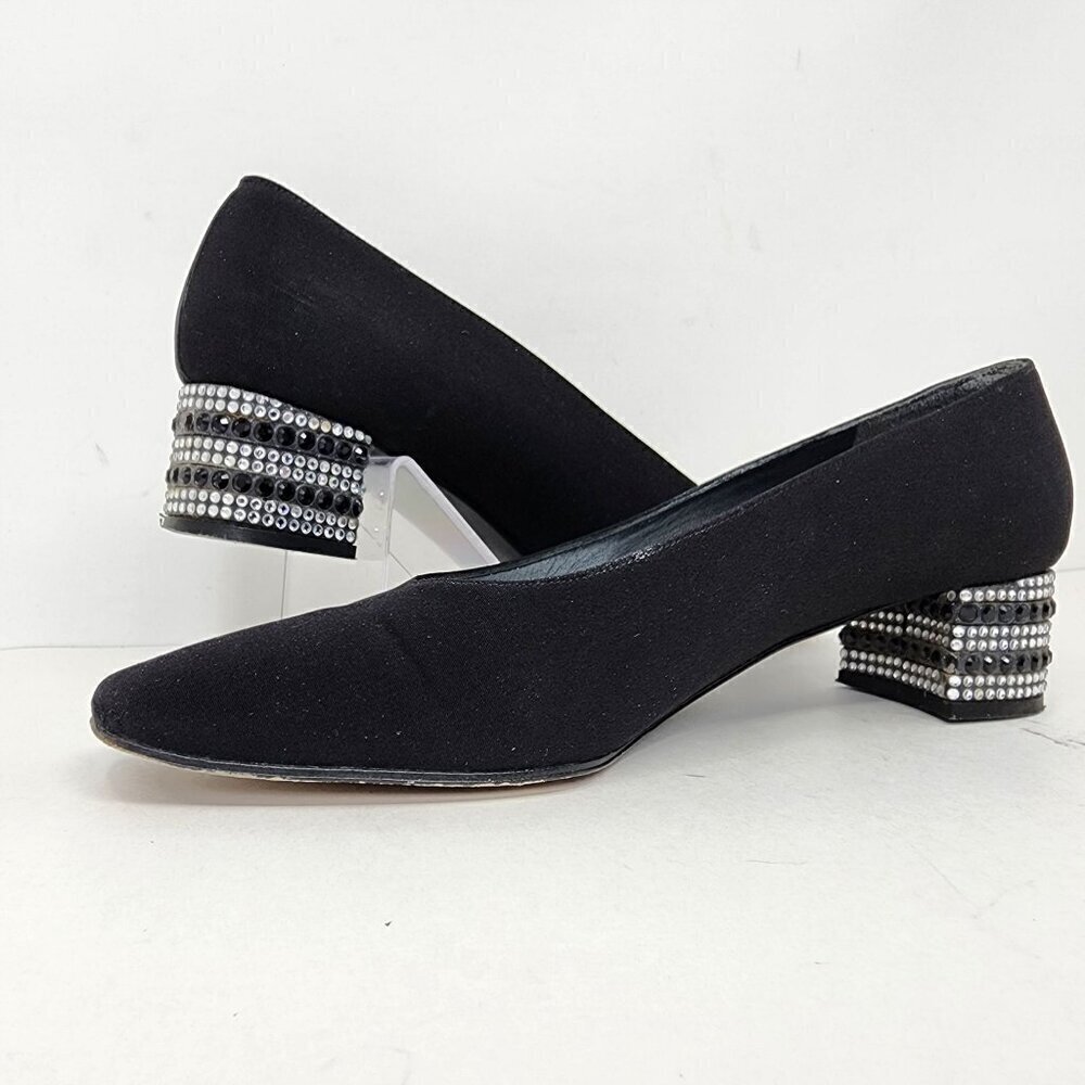 Stuart Weitzman Dressy Black Satin Block Heel with Rhinestons, Women's 7.5 AAA